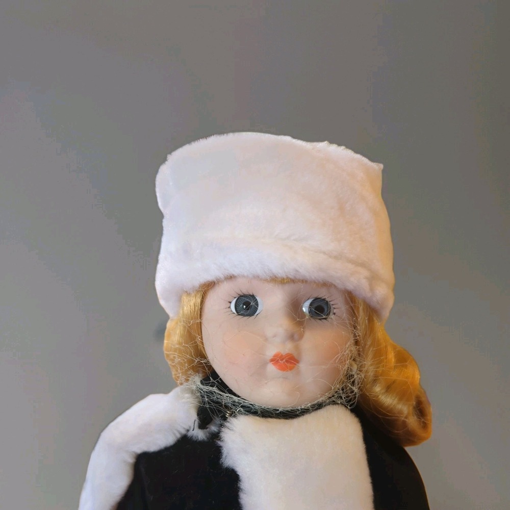 Holiday porcelain‎ 16" Doll blond blue eyes, black winter cape faux fur hat muff